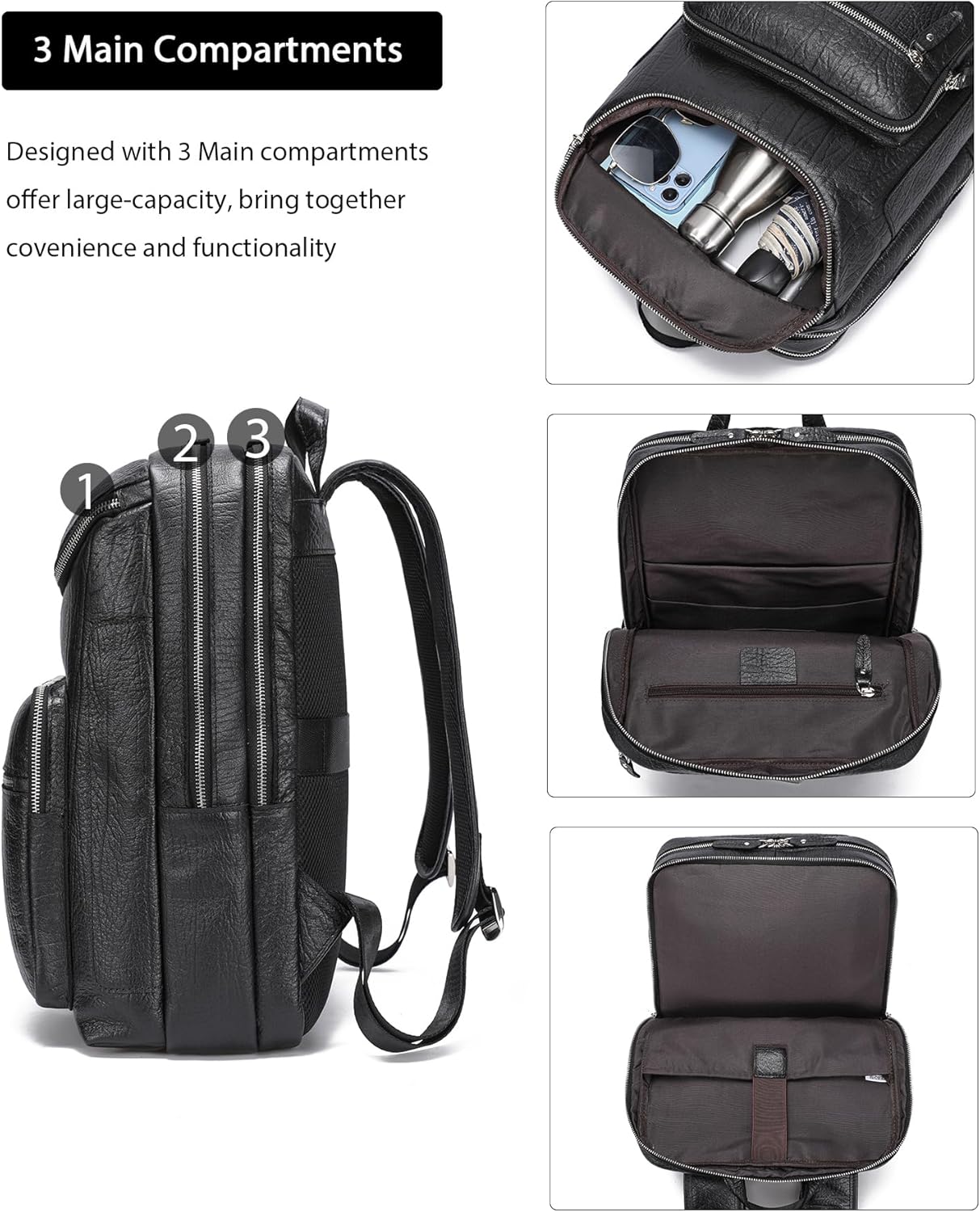 LANNSYNE Full Grain Leather Backpack For Men, 15.6" Leather Laptop Backpack Hiking Travel Bag
