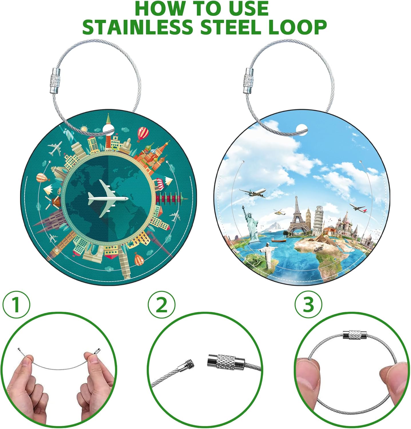 Round Cute Luggage Tags 2 Pack Travel Around The World Creative Baggage Tags,Cruise Travel Baggage Suitcases Tag with Stainless Steel Loop ID Tag Privacy Flap