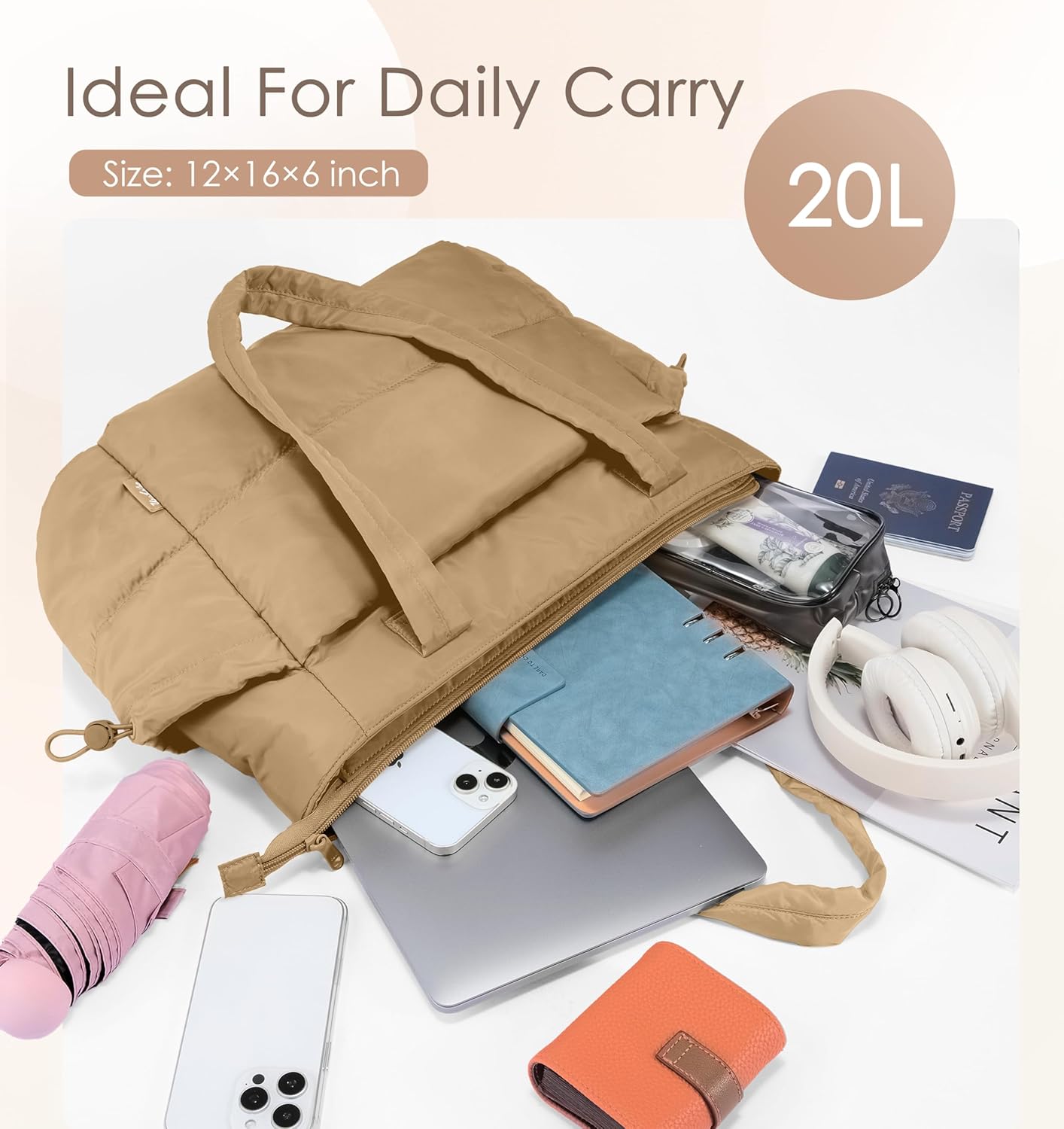 Tote Bag for Women Puffy Work Bags for Women with Zipper Lightweight Quilted Puffer Tote Bag for Travel, Teacher, Nurse