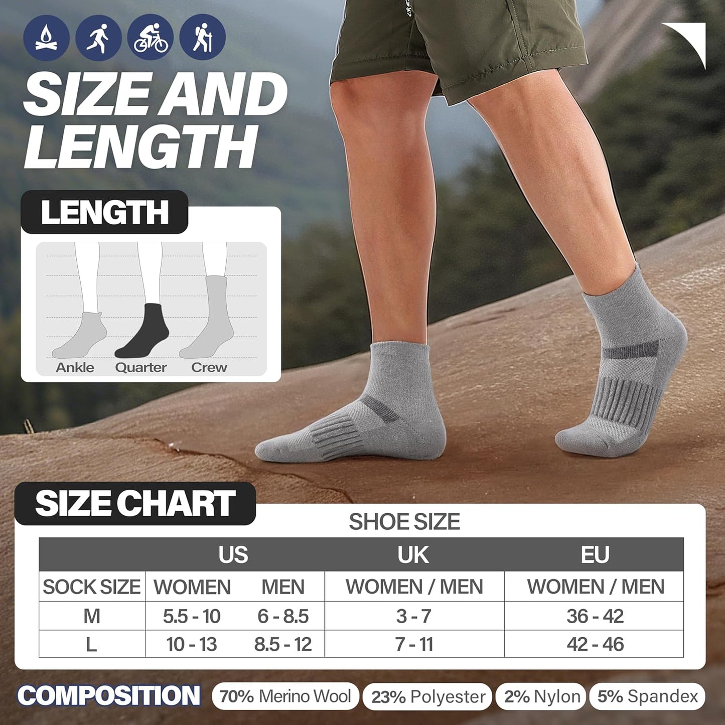 6 Pairs Merino Wool Ankle Running Hiking Socks Compression Support Breathable Thick Cushion No Show Socks for Women Men