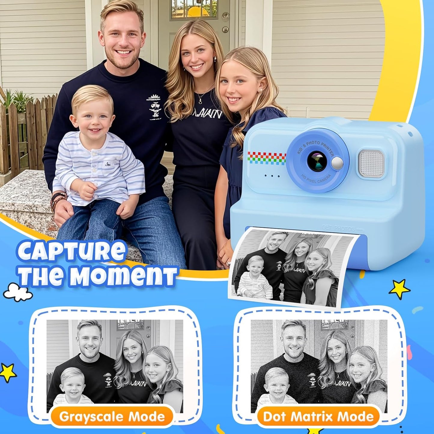 Kids Instant Print Camera - 1080P HD, 3 Rolls Paper & 32GB Card, Ideal Gift for Boys & Girls Age 3-14 (Blue)