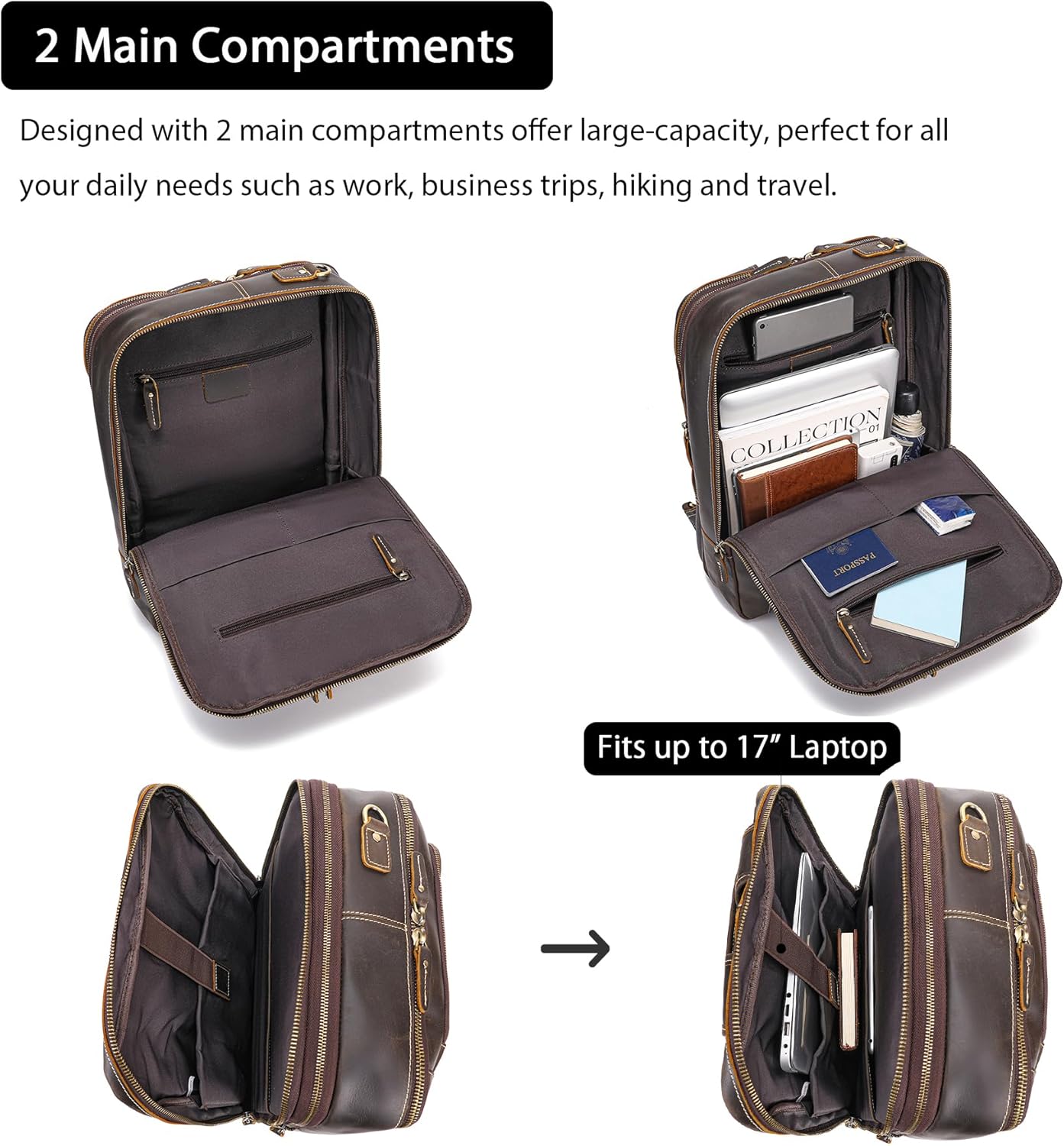 LANNSYNE Vintage Genuine Leather Backpack For Men, 2 in 1 Expandable Briefcase Fits 17'' Laptop