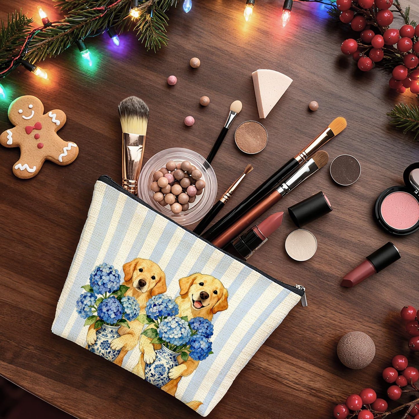Blue Chinoiserie Hydrangea Golden Retriever Makeup Bag Gifts for Women, Golden Retriever Lovers Gifts Cosmetic Bag, Grandmillennial Floral Dog Striped Zipper Makeup Pouch Travel Toiletry Bag