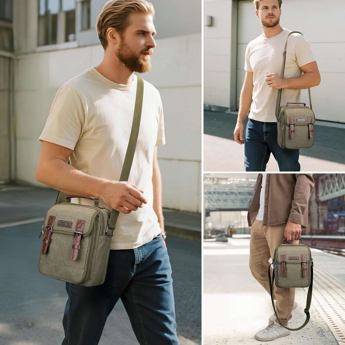 WITZMAN Canvas Small Messenger Bag for Men Crossbody Bag Multi-pocket Casual Shoulder Bag Travel Chest Bag