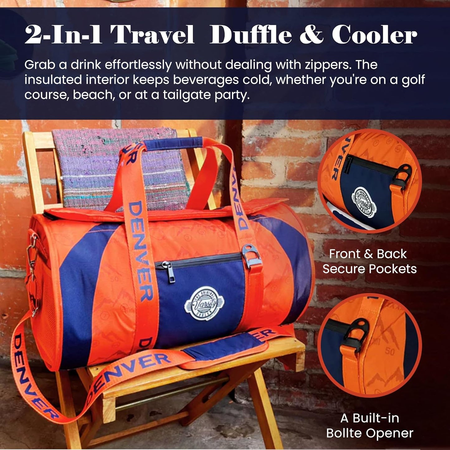 Varsity Cooler Denver Travel Party Duffel & Cooler – 30 Can Leakproof Insulated Tote Bag, Waterproof Soft compartment for Tailgating, Golf, Beach, Carry-On Luggage & Outdoor Sports