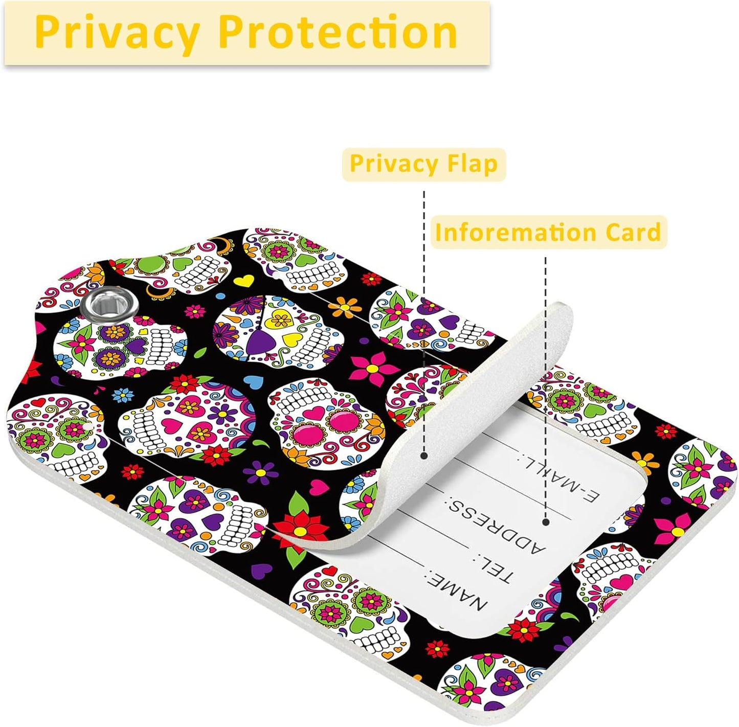 2 Pack Luggage Tags for Suitcases,Sugar Skull Luggage Tag,PU Leather Id Label Luggage Tags with Stainless Steel Loop and Privacy Cover for Women Men Teens Travel