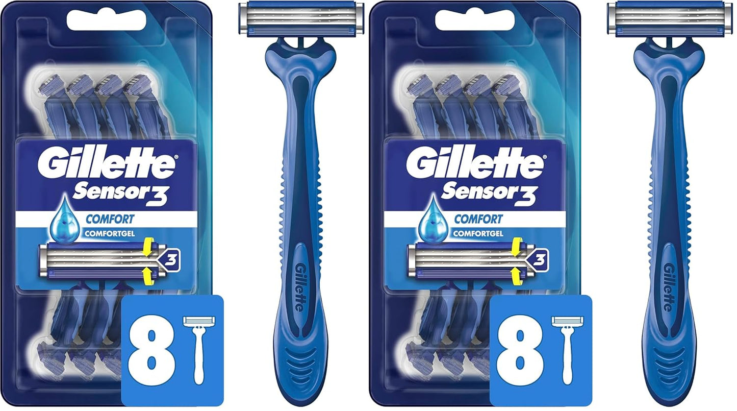 Gillette Sensor3 Comfort Disposable Razors for Men, 8 Count, Lubrastrip Glides Easily Over Your Skin (Pack of 2)