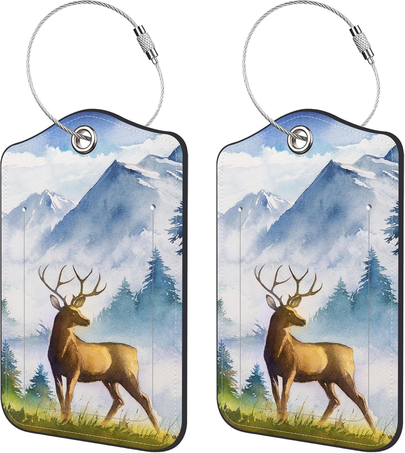 2 Pack Luggage Tags for Suitcase,Mountains and Deer PU Leather Idea Baggage Tag with Name Labels Privacy Cover Metal Ring Men and Women Travel Cruise Labels