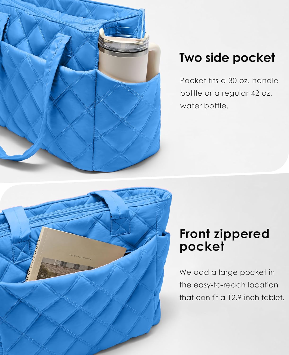 Tote Bag for Women, Lightweight Puffer Tote Work Bags with Compartments for Travel, Quilted Shoulder Bag with Zipper