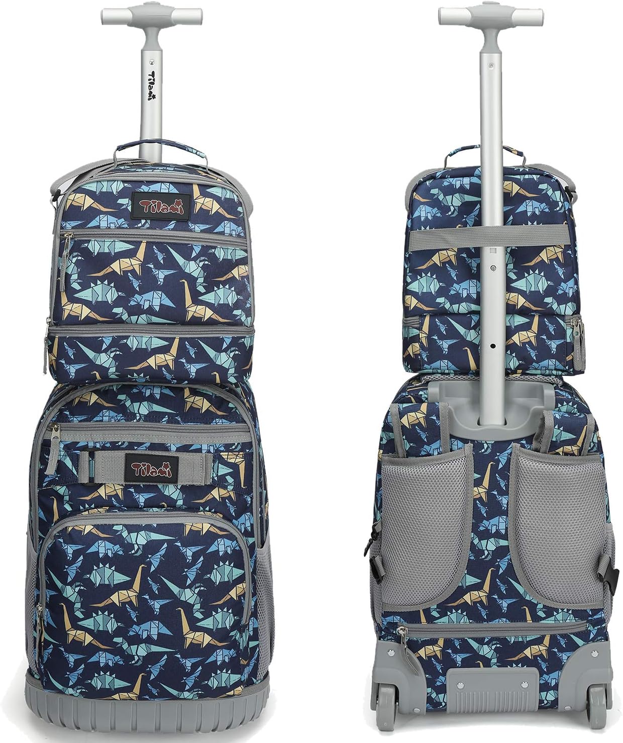 Tilami Rolling Backpack 19 inch with Lunch Bag Wheeled Laptop Backpack, Dinosaur