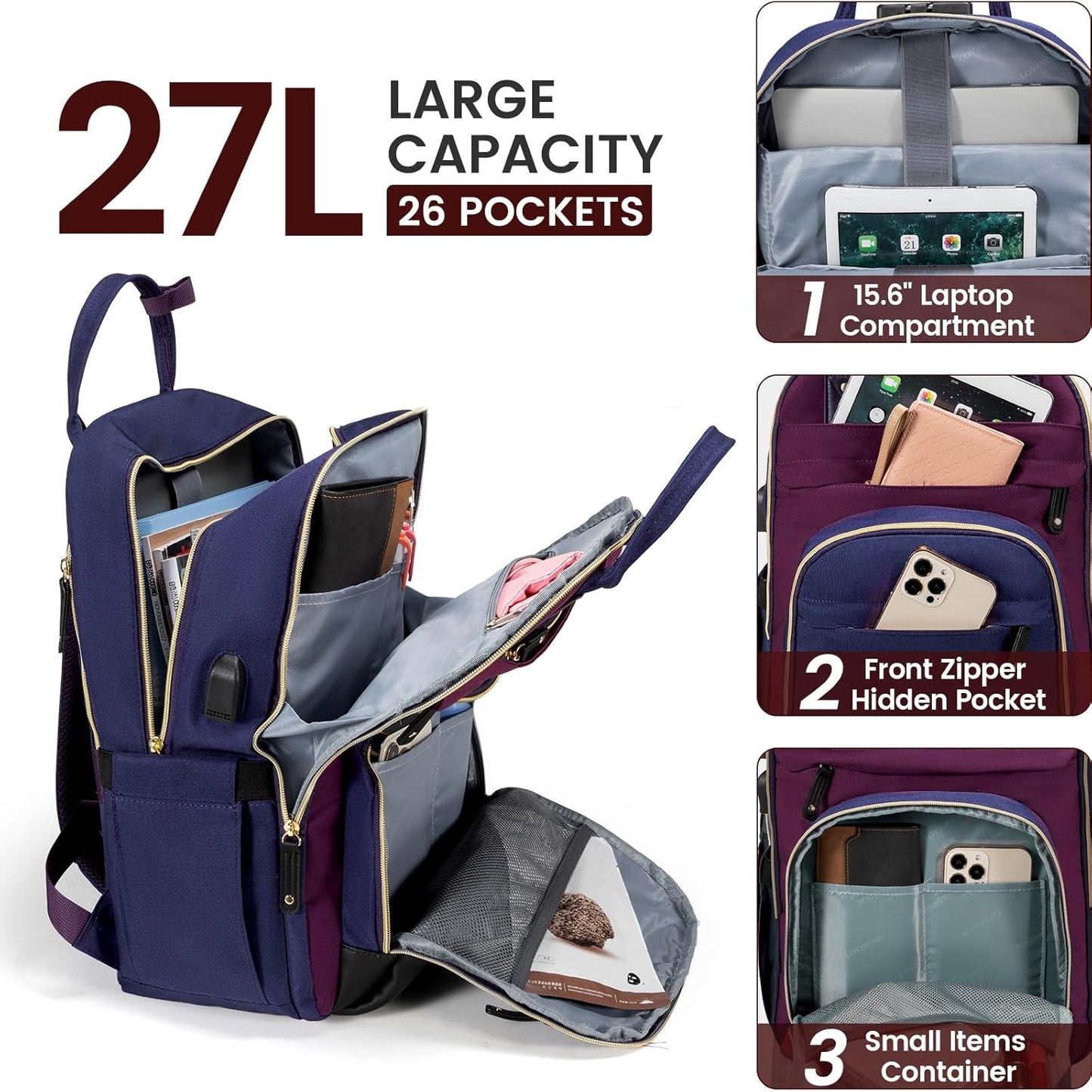 LOVEVOOK Backpack for Women,Laptop Backpack Women,Fits 15.6 Inch Laptop Bag,School Backpacks,Fashion Travel Work Anti-theft Bag,Waterproof Business Computer College Backpack Purse,Purple-Blue-Black
