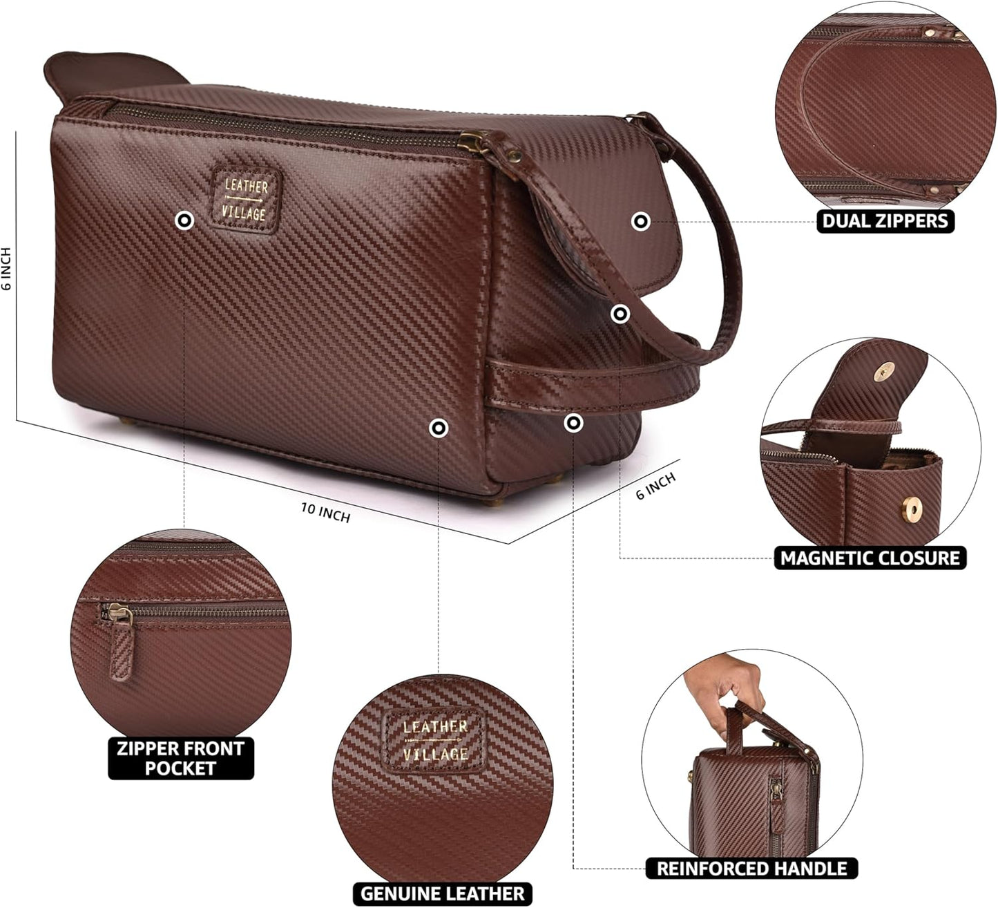 LEATHER VILLAGE Premium Carbon Fiber Genuine Leather Travel Toiletry Bag - Large Compact Dopp Kit