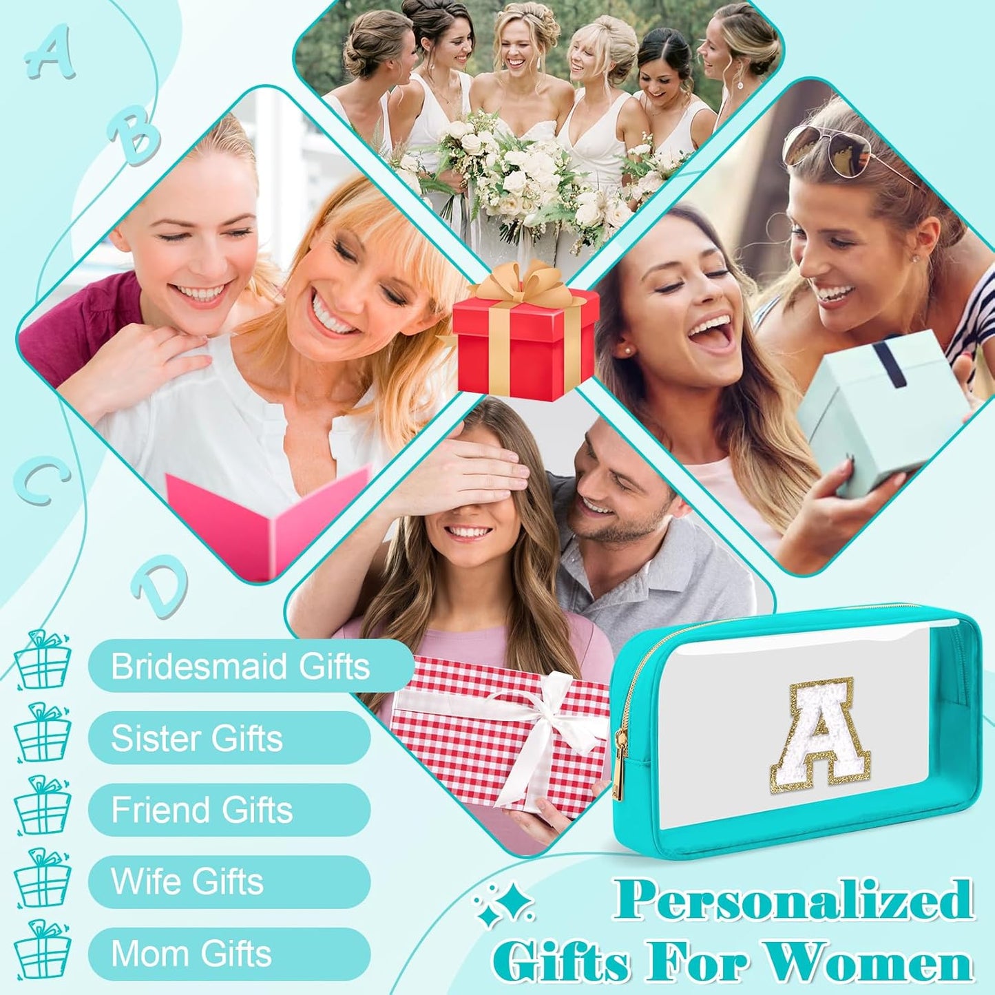 Personalized Initial Letter Clear Makeup Bag,Preppy Small Nylon&PVC Cosmetic Zipper Bag with Chenille Letter,Portable Beach Travel Skincare Toiletry Bag,Trendy Monogram Gift for Teen Girls Women,A