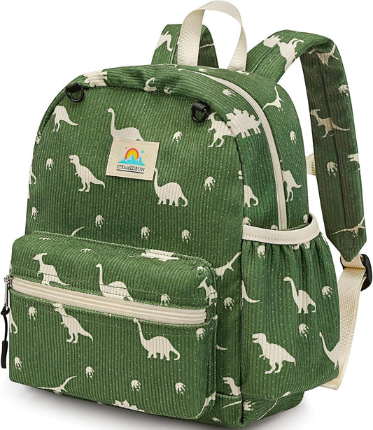 STEAMEDBUN Corduroy Toddler Backpack for Boys 2-4: Kids backpack for Boys Girls - 12 inch Preschool Kindergarten Backpacks - Dinosaur
