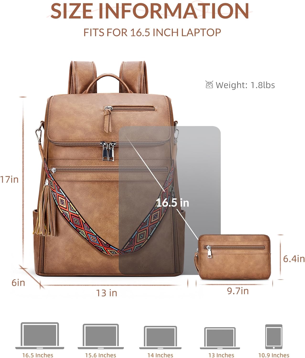 Leather Laptop Backpack for Women Designer Laptop Bag, 16.5 inch Travel Computer Backpacks Purse with Tassel for Work Business with Satchel Purse Brown