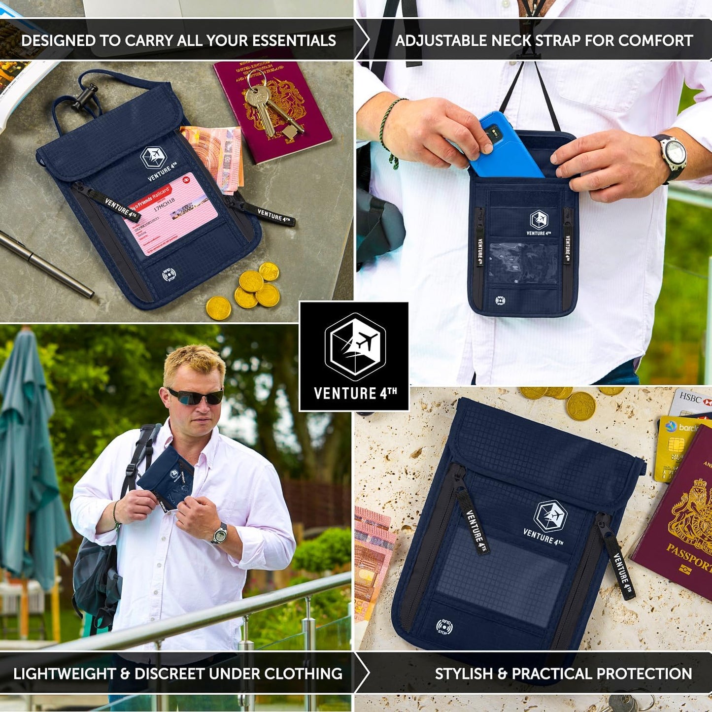 VENTURE 4TH Neck Wallet, RFID Blocking Passport Holder for Travel – Hidden Neck Pouch with 6 Compartments, Slim Lightweight Organizer with Adjustable Strap for Cash, Cards & Passport (Navy Blue)