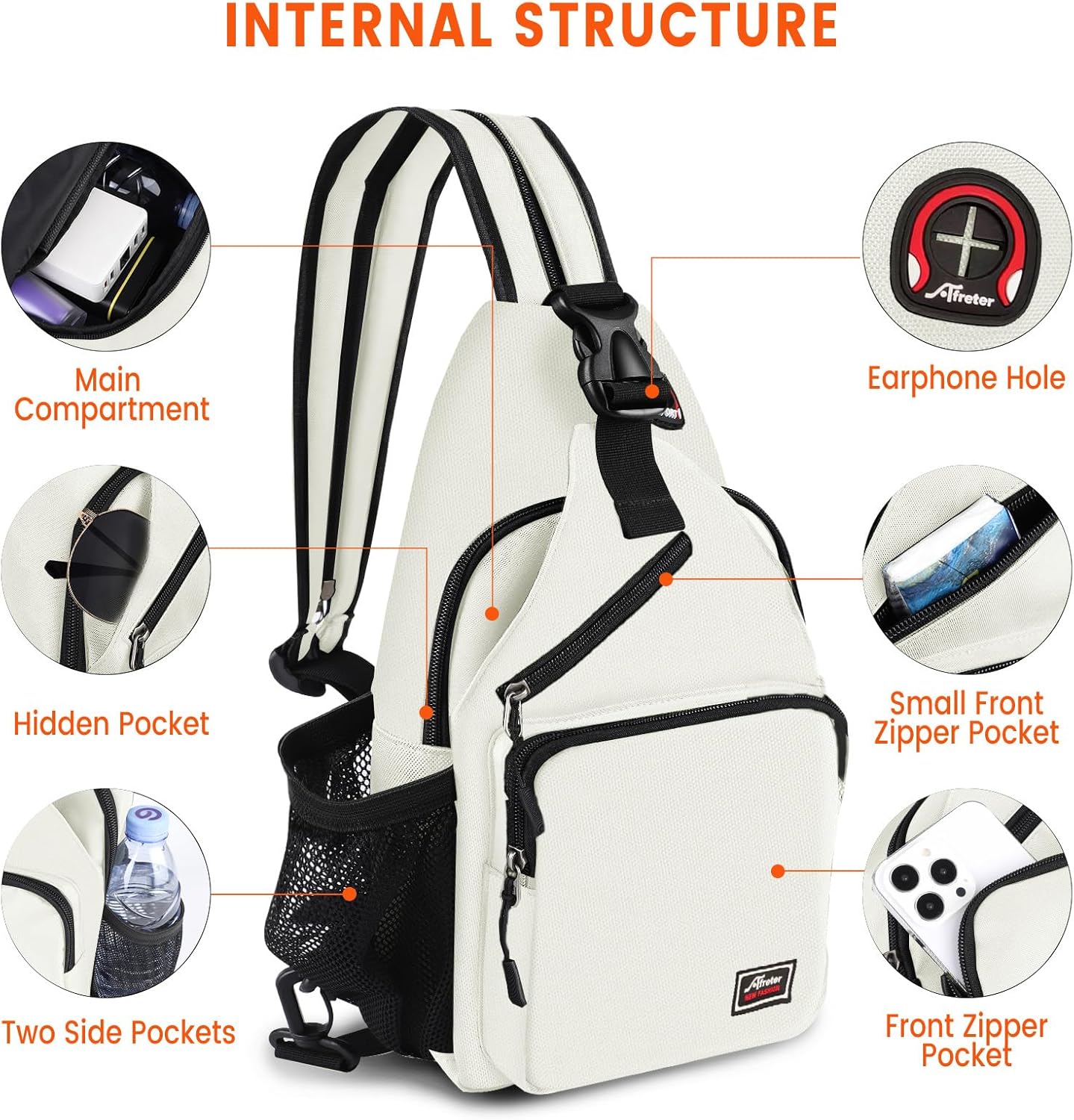 Crossbody Sling Backpack Men and Women Sling Bag Shoulder Backpack Travel Hiking Chest Bag Daypack (White)