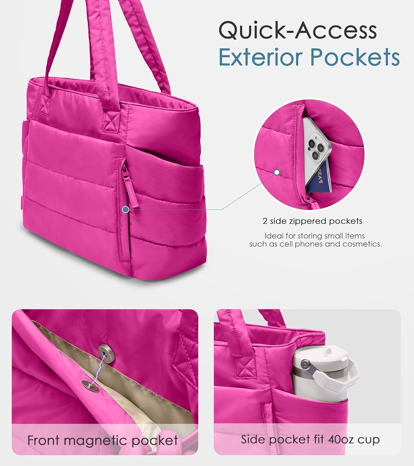 Tote Bag for Women with Zipper, Quilted Puffer Tote Bag with Compartments, Lightweight Puffy Work Bags for Women Travel