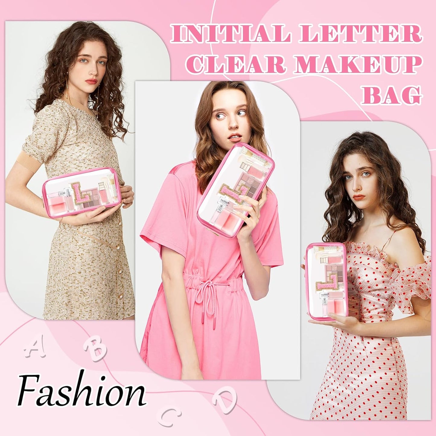 Personalized Initial Letter Clear Makeup Bag,Preppy Small Nylon&PVC Cosmetic Zipper Bag with Chenille Letter,Portable Beach Travel Skincare Toiletry Bag,Trendy Monogram Gift for Teen Girls Women,L