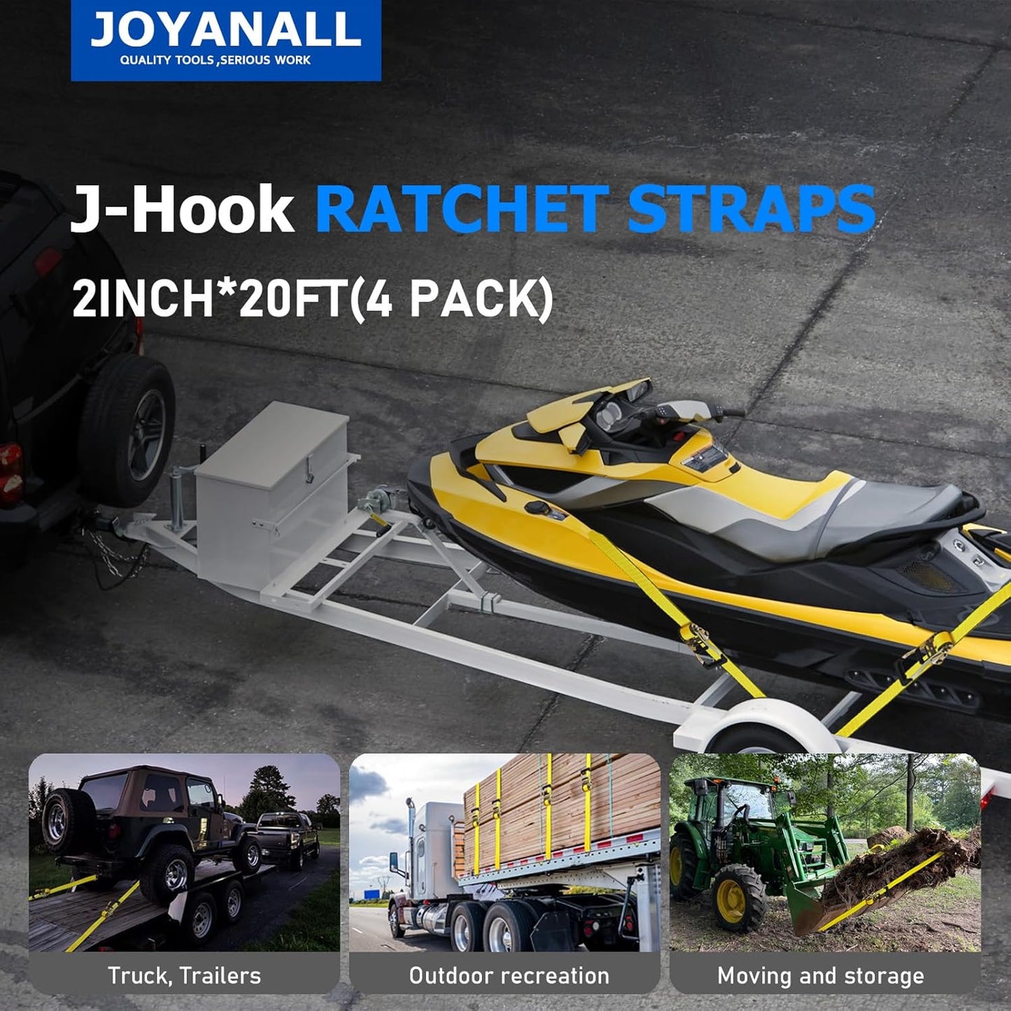 4Pack 2 Inch Ratchet Strap Heavy Duty, 20ft Ratchet Straps Tie Down with Double J Hook, 10000 LBS Break Strength, Cargo Ratchet Straps for Moving, Truck, Trailers, Motorcycles