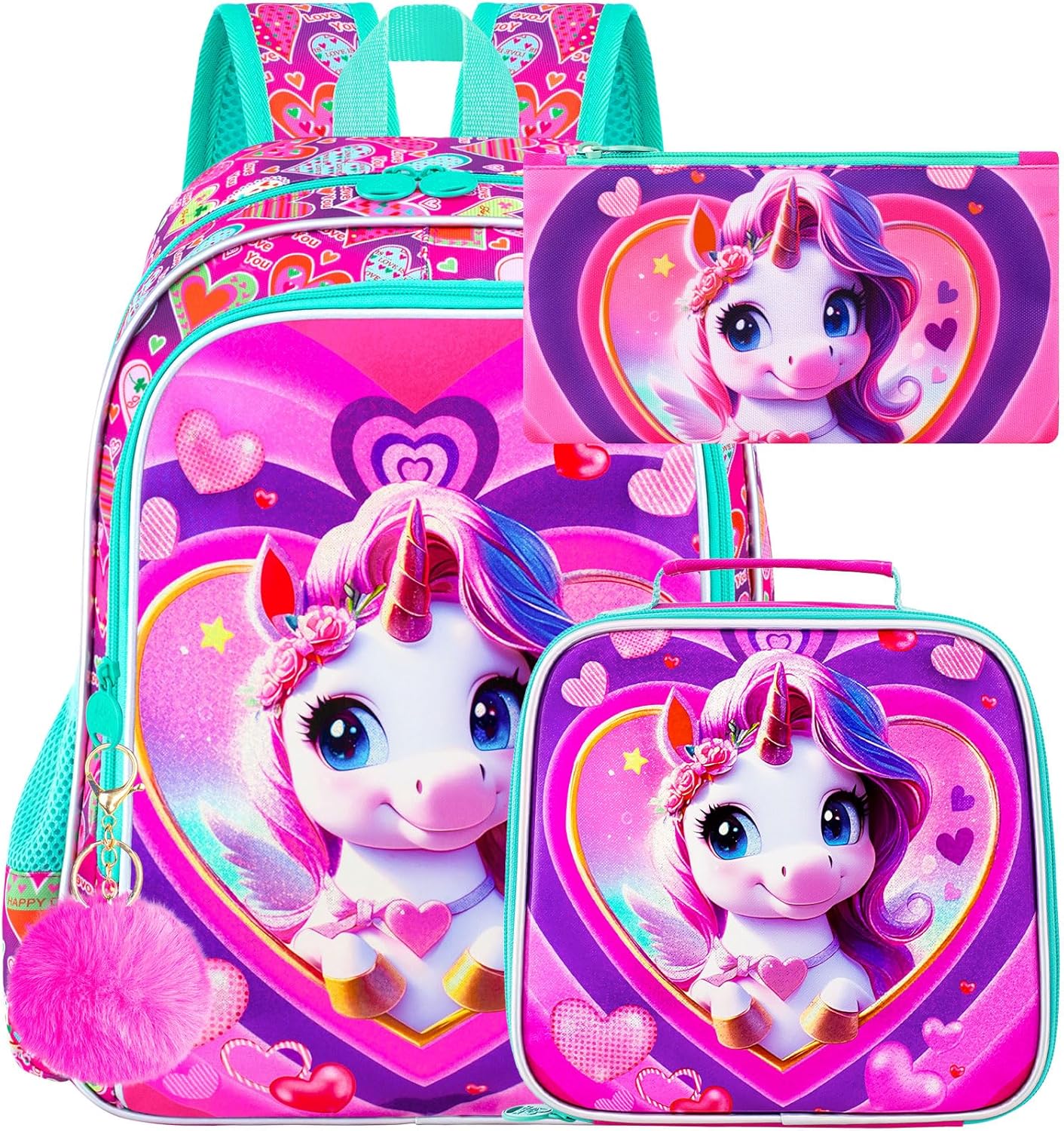 3PCS Girls Backpack, Kids Water Resistant Heart Bookbag Set with Lunch Box, Cute Kids School Bag for Preschool Toddler