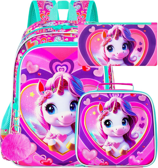 3PCS Girls Backpack, Kids Water Resistant Heart Bookbag Set with Lunch Box, Cute Kids School Bag for Preschool Toddler