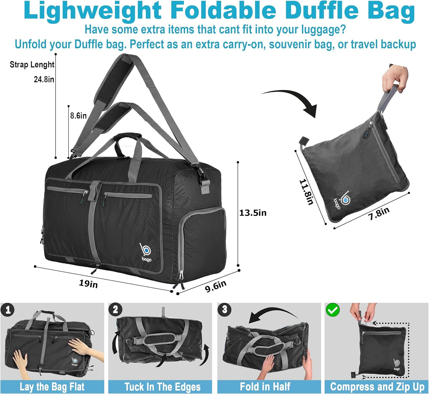 Bago Foldable Duffel Bags for Traveling Women & Men - 40L Sports Packable Duffle Bag for Travel with Shoe Compartment - Water Repellant, Heavy Duty, Lightweight Folding & Collapsible (Black)