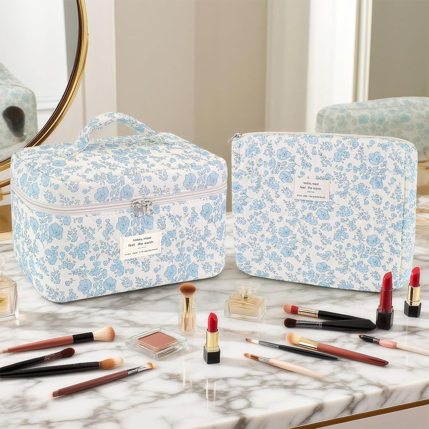 2 Pcs Quilted Makeup Bag, Floral Cosmetic Bag Cotton Large Travel Coquette Toiletry Puffer Bag Aesthetic Cute Little Bule Flower Makeup Bag for Women Girls