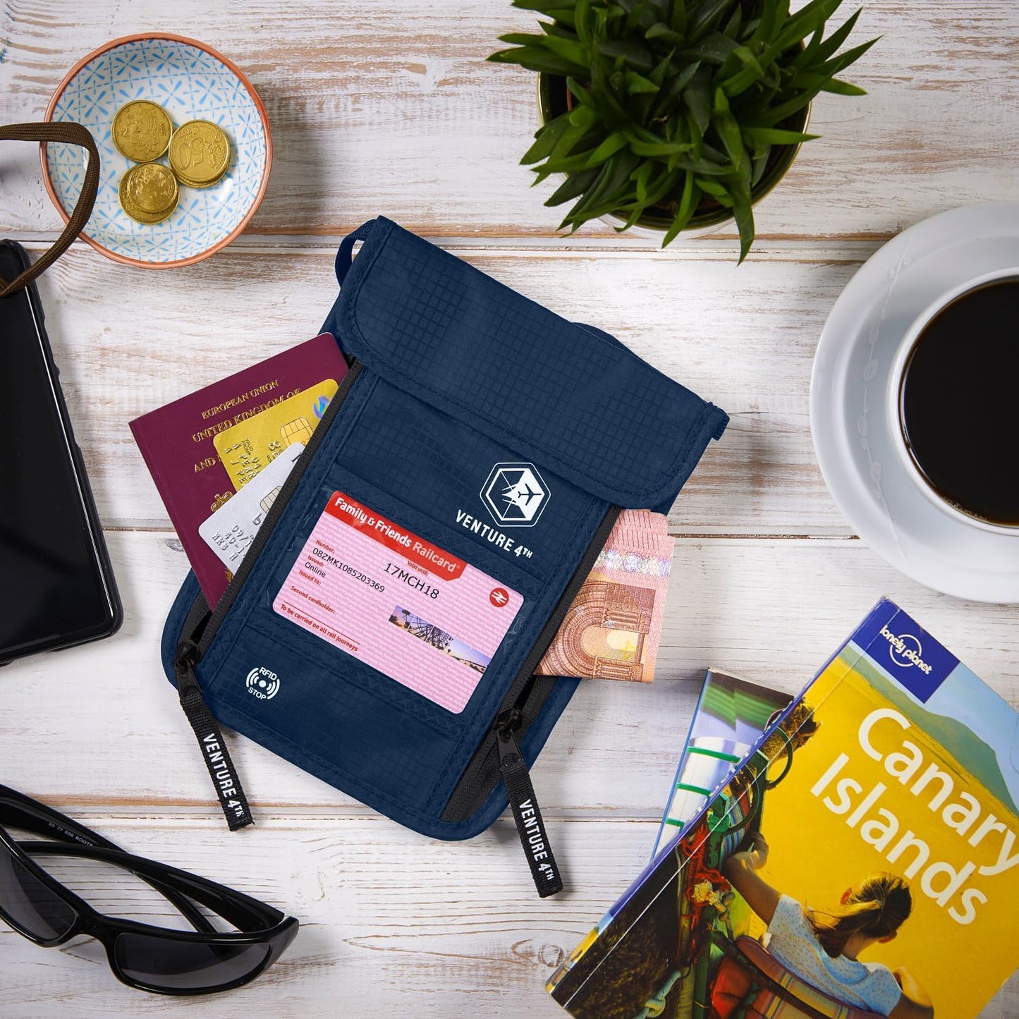 VENTURE 4TH Neck Wallet, RFID Blocking Passport Holder for Travel – Hidden Neck Pouch with 6 Compartments, Slim Lightweight Organizer with Adjustable Strap for Cash, Cards & Passport (Navy Blue)