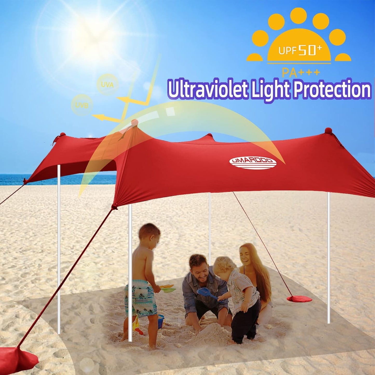 UMARDOO Family Beach Tent Canopy Sun Shade Portable, Large Compact Beach Sun Shelter Easy Setup with Packable Bag for Outdoor Travel (Red, 10X10 FT. 4Poles)