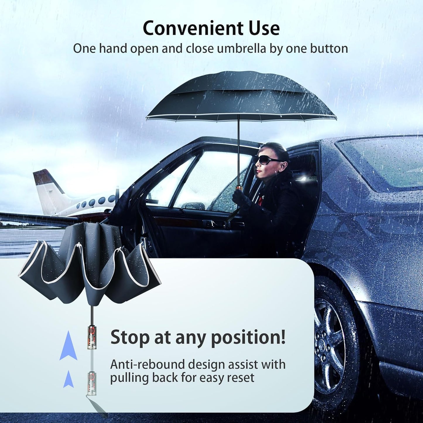 Urvoix Compact Golf Umbrellas Windproof, Travel Umbrella for Rain, 10 Ribs Aluminum Alloy & Fiberglass w/Reflective Stripe, Double Canopy Automatic Anti-bounce Close