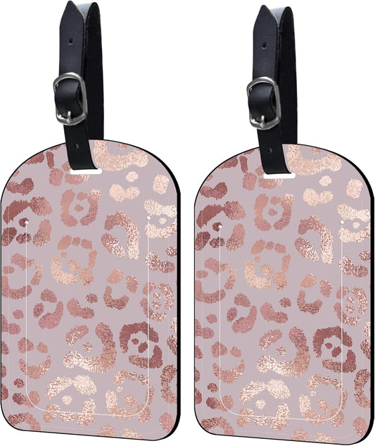 2 Pack Luggage Tags Rose Gold Leopard PU Leather Baggage Handbag Suitcase Tags with Secure Strap Privacy Cover ID Labels,Business Travel Baggage Tag Identifier