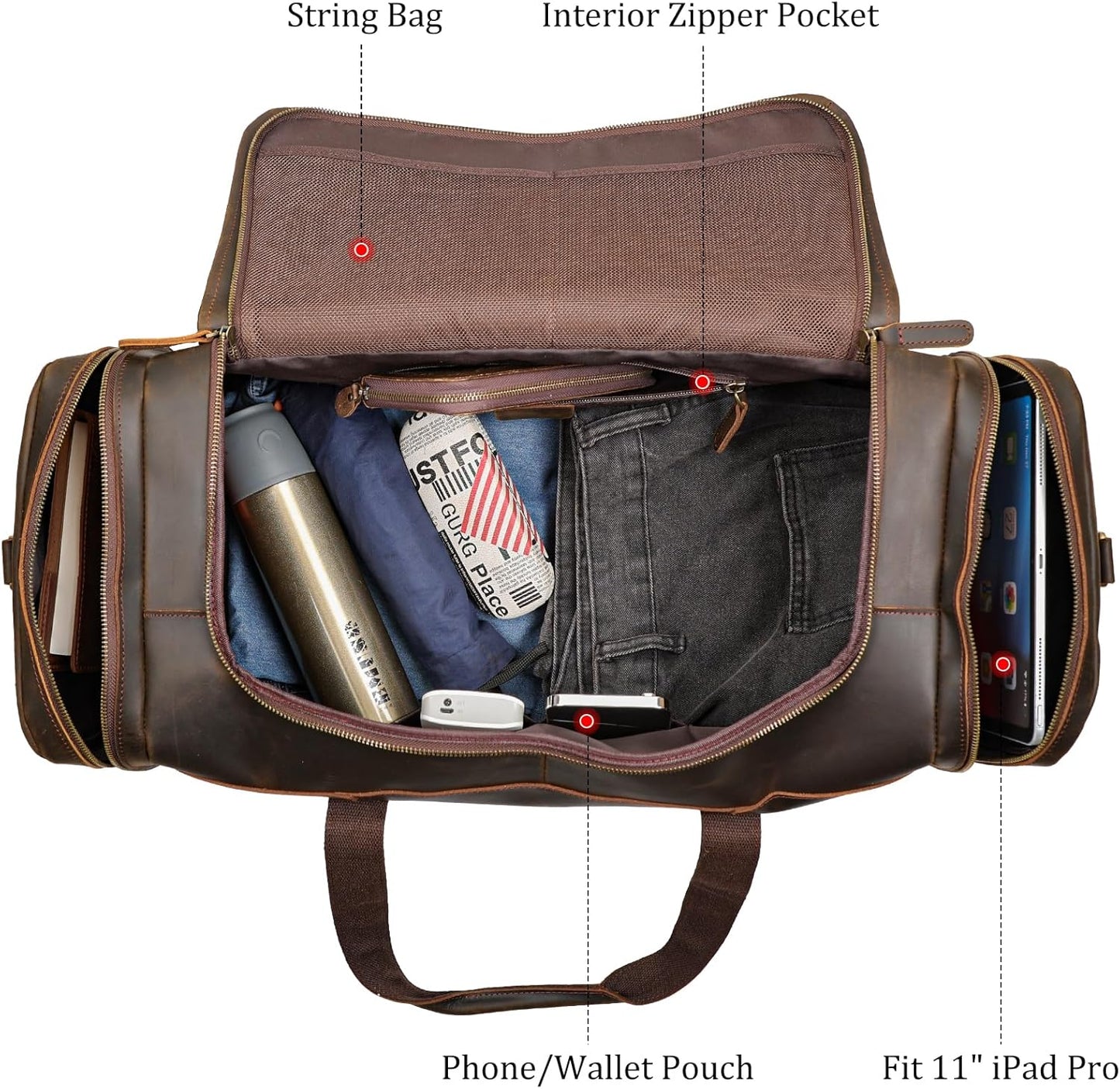 Polare 23" Full Grain Leather Travel Duffle Bag For Men 42L Duffel Bag Overnight Carry on Luggage Sport Weekender Bag