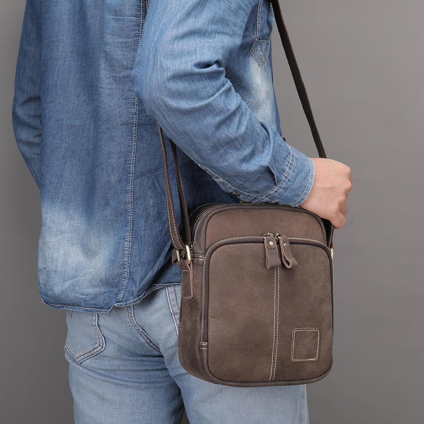 Genuine Leather Shoulder Bag for Men Crossbody Sling Bag Adjustable Small Messenger Purse Travel Work Business bag