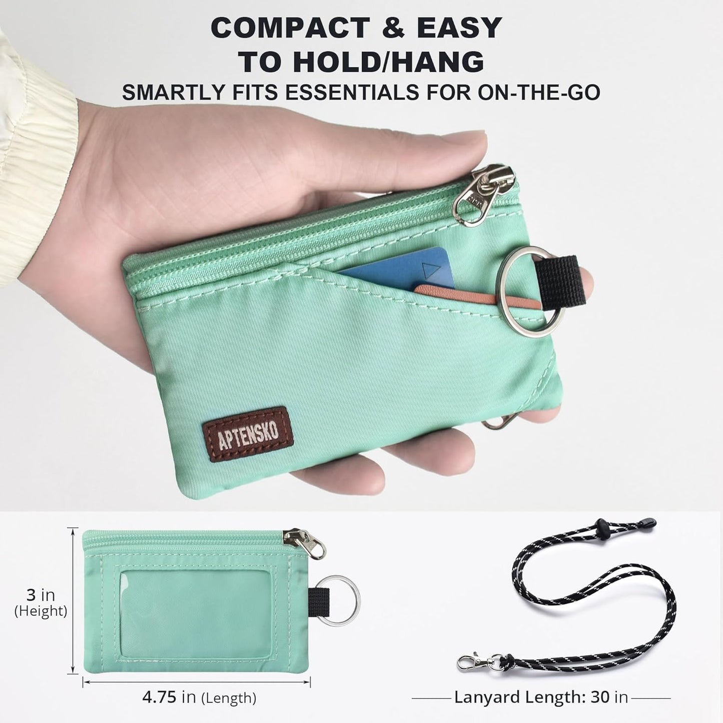 RFID Travel Wallet with Adjustable Lanyard-Zipper Small Wallet with ID Card Holder, Keychain for women&men-Minimalist Slim Waterproof Nylon case for ID, Cash, Key (Mint Aqua)