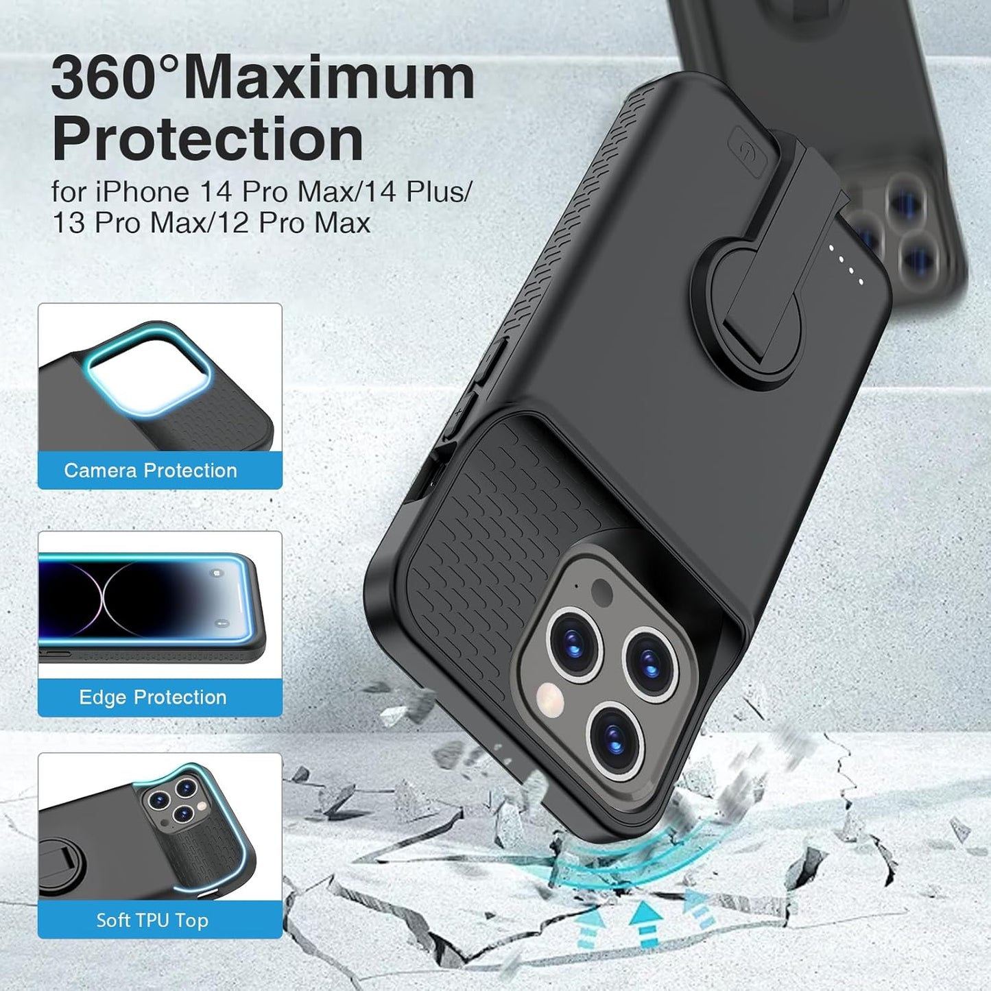 Battery Case for iPhone 14 Pro Max/14 Plus/13 Pro Max/12 Pro Max, Charging Case With Stand 8000mAh Portable Extended Case Cover for iPhone 14 Pro Max, 14Plus, 13/12Pro Max Charging Case (6.7”) Black