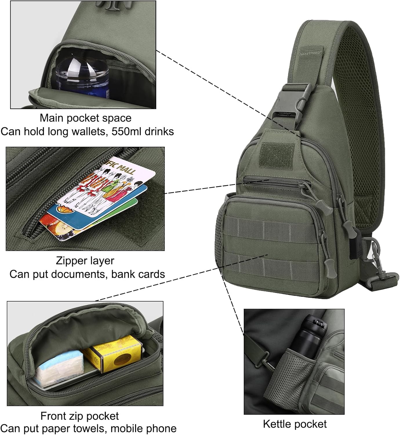 ZHIERNA Tactical Sling Crossbody Backpack with Water Bottle Holder, MOLLE EDC Shoulder Sling Chest Bags with USB Charging Port for Travel Walk(Grey Green)