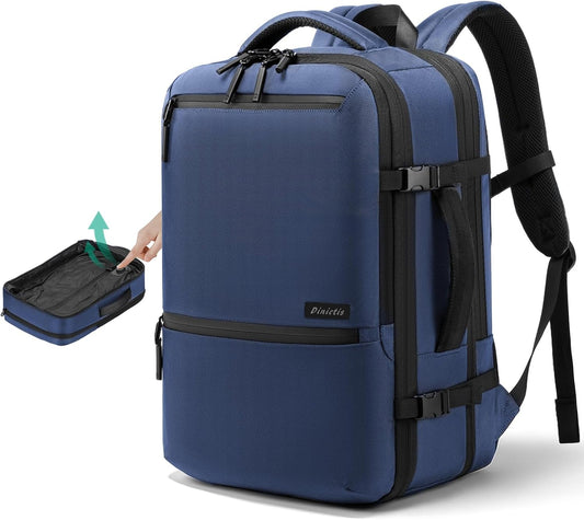 Dinictis Vacuum Seal Travel Backpack 60L Built-in Pump, Expandable Backpack with Vacuum Compression fits 17 inch Laptop, Waterproof Carry On Suitcase Luggage suit for Short Trip and Business-Blue