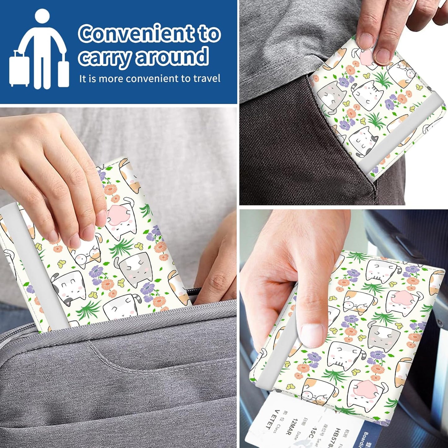 Passport Holder for Travel Essentials, Leather RFID Blocking Passport Wallet Cover Case, Cute Passport Book Holders for Women and Men Cute Flower Cats