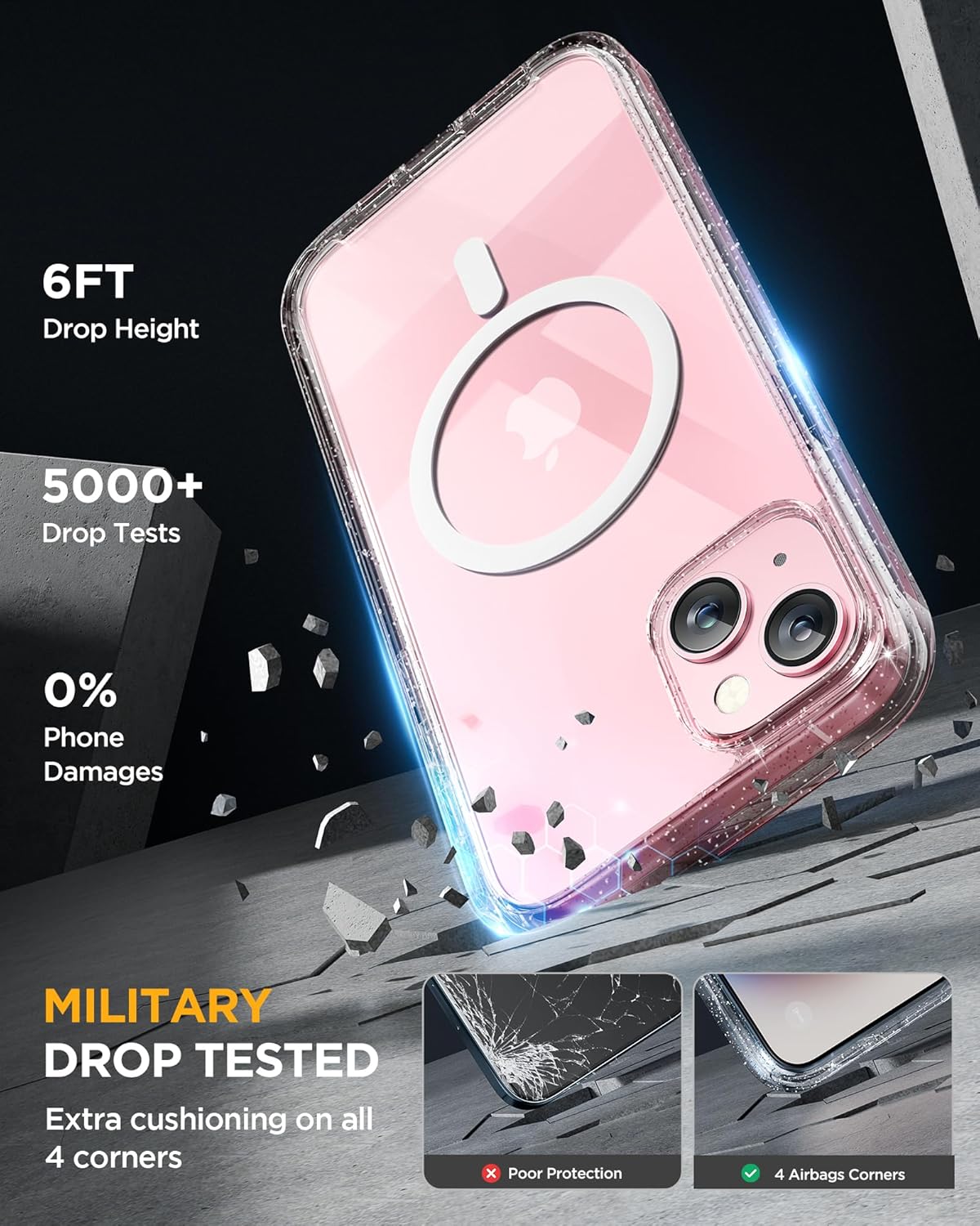 Miracase Glass Series Case for iPhone 15 [Compatible with MagSafe] Full Body Magnetic Case with Built-in 9H Tempered Glass Anti-Fingerprint Screen Protector + Camera Lens Protector, Clear Glitter