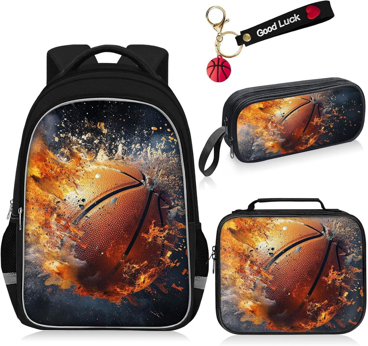 School Backpack for Boys - 4pcs Basketball Boys Backpack with Lunch Box Set for Kids Children Teens Elementary Middle School - 17″ Sport Bookbag Travel Back Pack for Age 6-18
