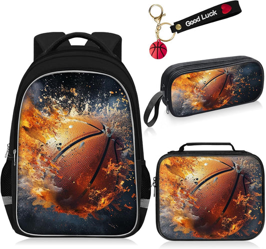 School Backpack for Boys - 4pcs Basketball Boys Backpack with Lunch Box Set for Kids Children Teens Elementary Middle School - 17″ Sport Bookbag Travel Back Pack for Age 6-18