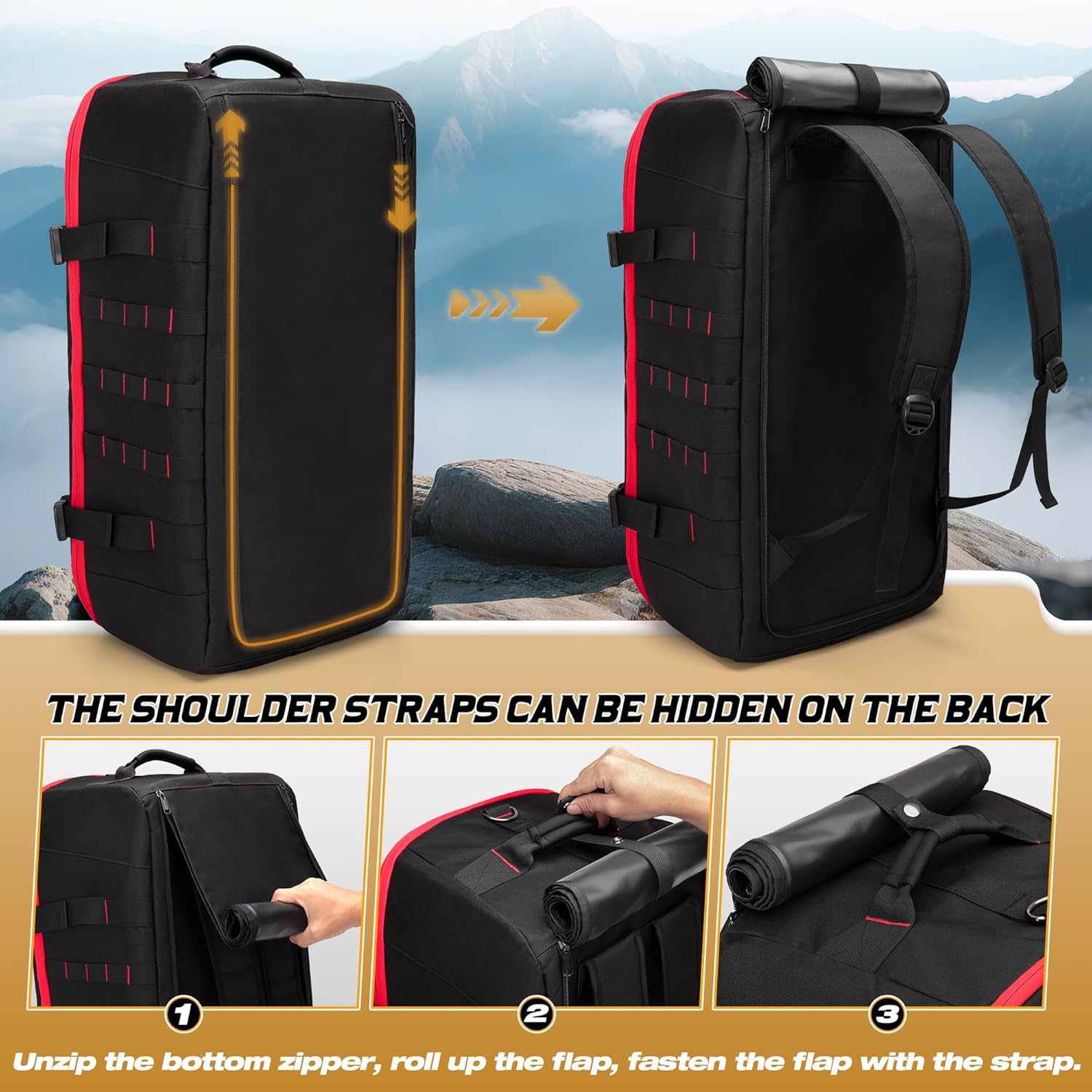 65L Tactical Duffle Bag Gym Bag with Backpack Straps, Wet Pocket and Detachable Dividers, Duffle