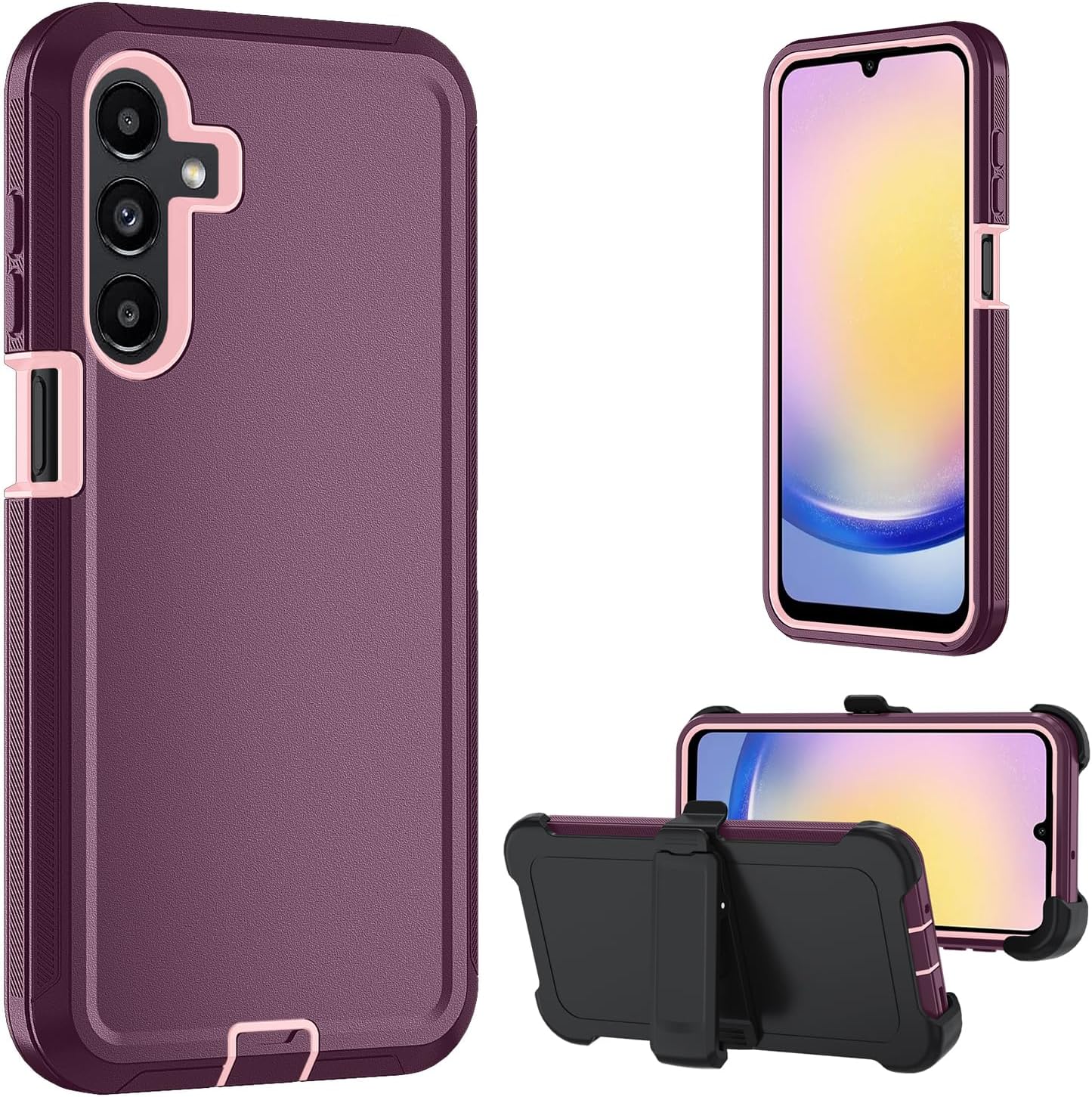 for Samsung Galaxy A17 5G case,A16 5G Heavy Duty case,with A Tempered Glass Screen Protector, [Military Grade Protective ] [Shockproof] [Dropproof] [Dust-Proof] (with Belt Clip-WineRed/Pink)