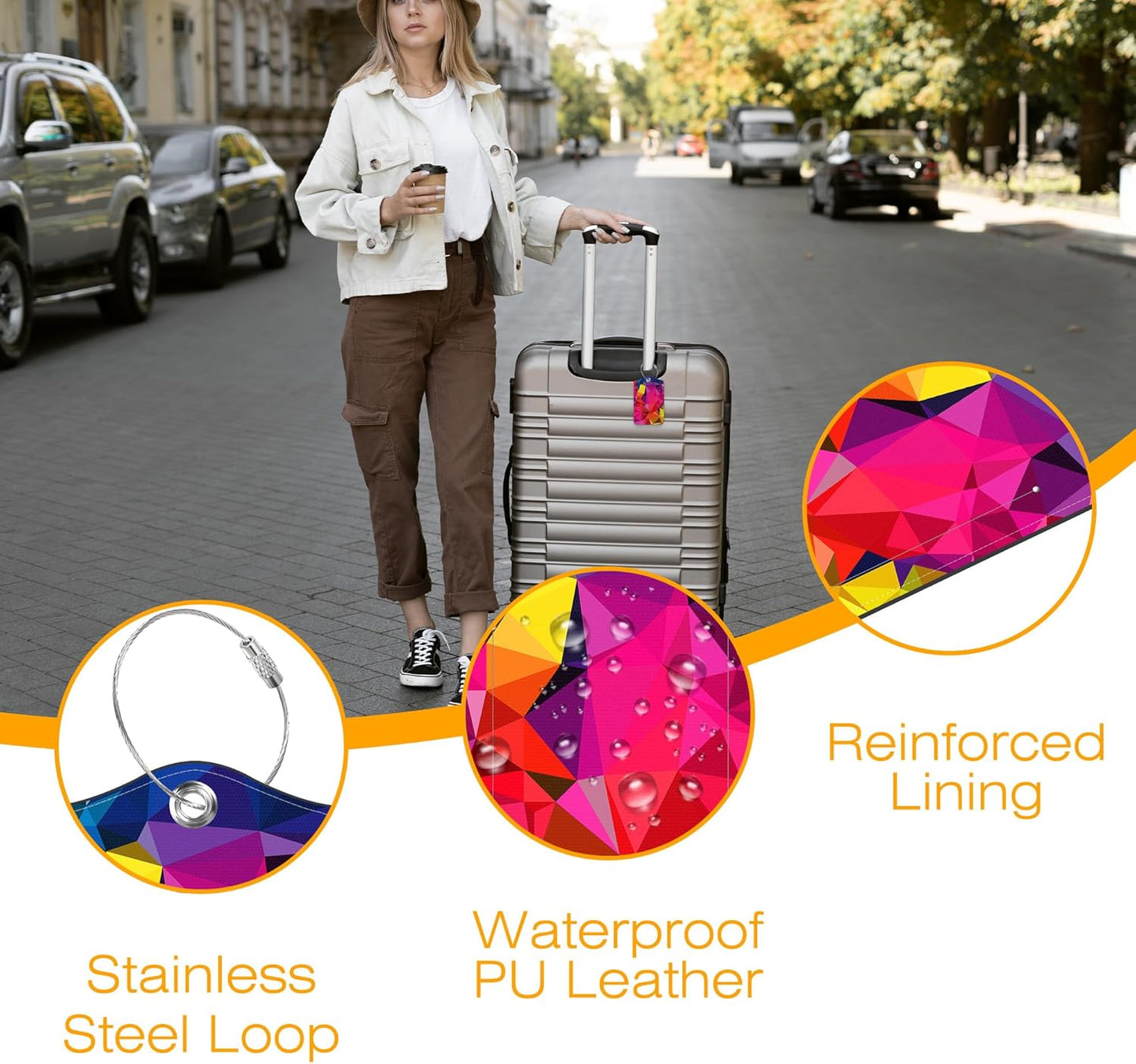 3 Pack Luggage Tags for suitcases Colorful Geometric Leather Luggage Tag, Identifiers with Privacy Name ID Label and Metal Loop for Men Women Travel Bag Suitcase