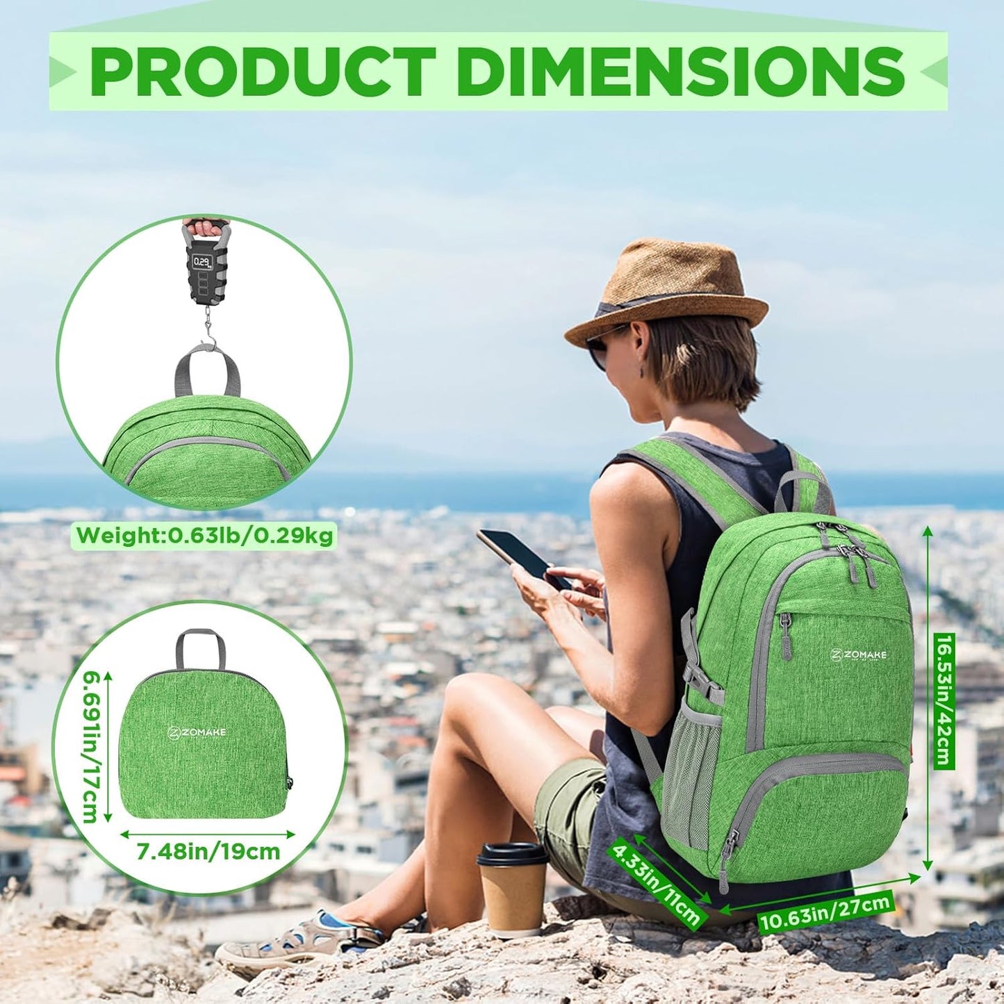 ZOMAKE Ultra Lightweight Packable Backpack 25L,Small Foldable Backpacks Hiking Water Resistant Collapsible Daypack for Women Men(Dark Green-A3)