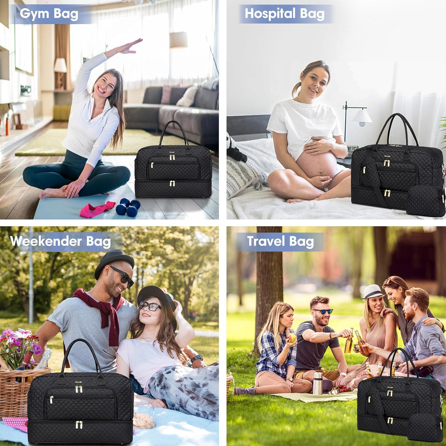 Travel Duffle Bag Weekender for Women - 38L Carry-On Overnight Personal Item Bag with Shoe