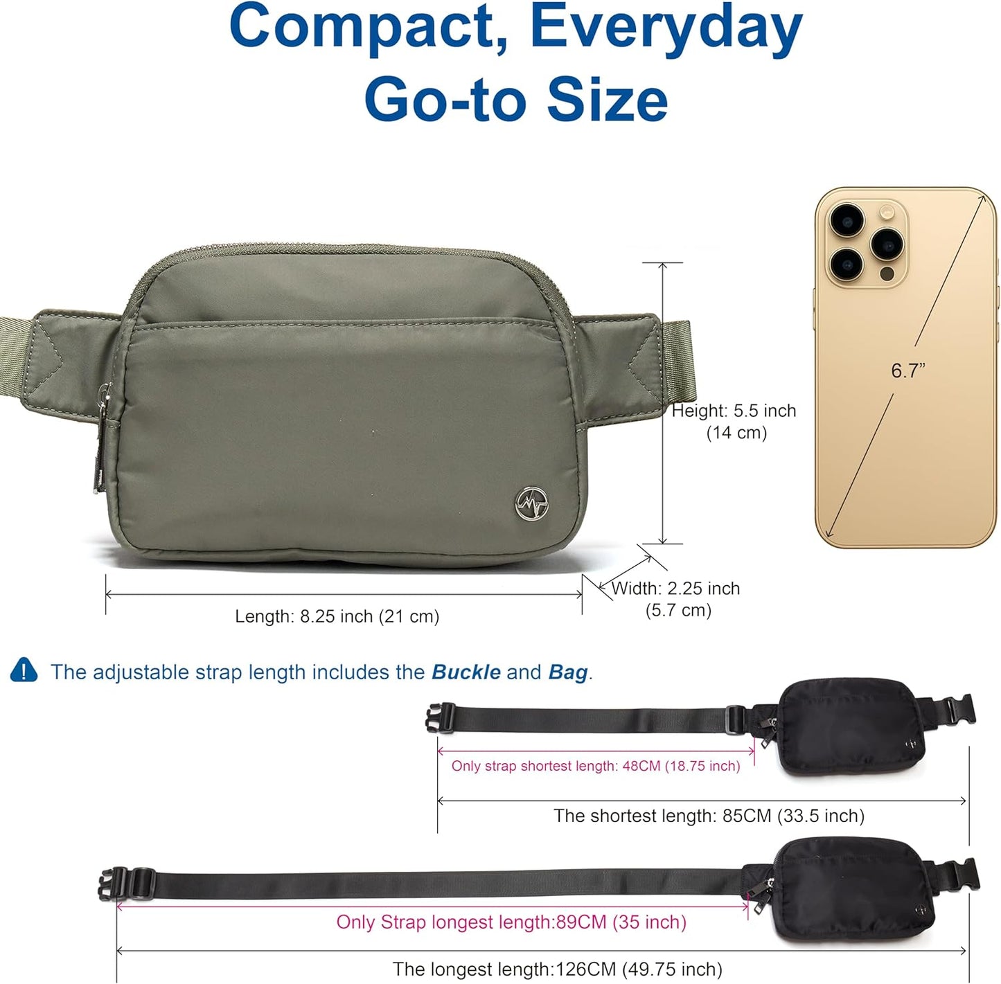 Pander Everywhere Belt Bag for Women, 5 Zipper Pockets Nylon Crossbody Fanny Pack Purse (Grey Sage).