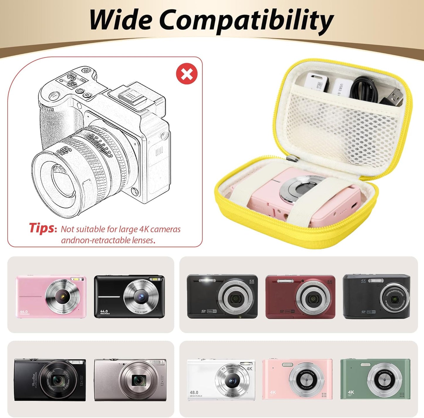 Digital Camera Case for CAMKORY, KODAK PIXPRO FZ45/FZ55, Canon IXUS 285 HS, Lecran, Small Travel Compact Camera Holder with Mesh Pocket for Accessories SD Card (Lemon Yellow)