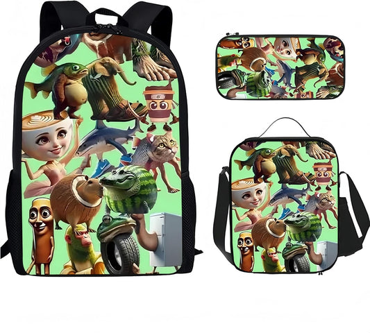 3PCS Italian Brainrot Casual Large Daypack Backpack,17in Shoulder Waterproof Lightweight Daypack Gifts (Color 4)